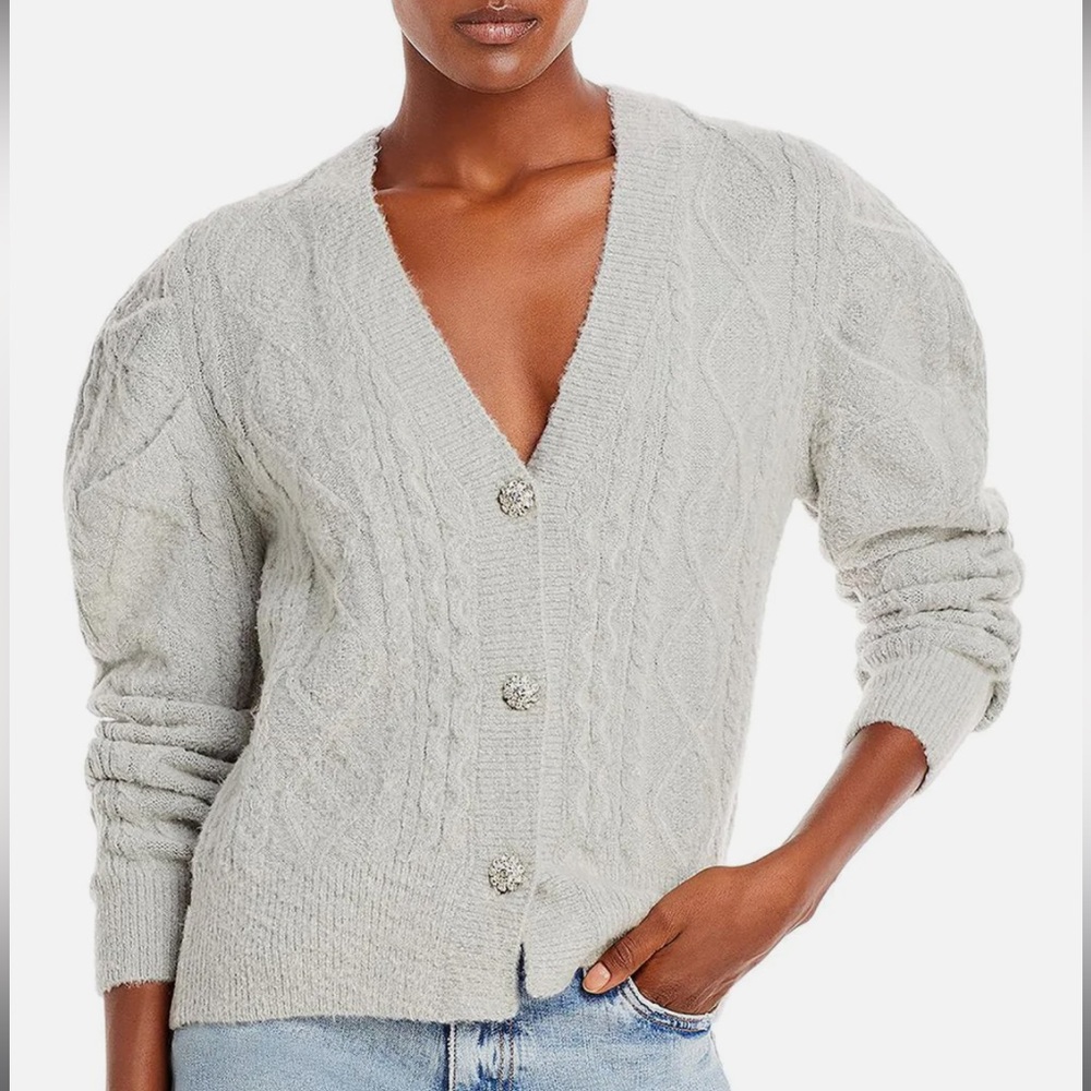 NWT GRAY En Saison Sirka Cable Knit Puff Sleeve Cardigan Sweater - Size XL